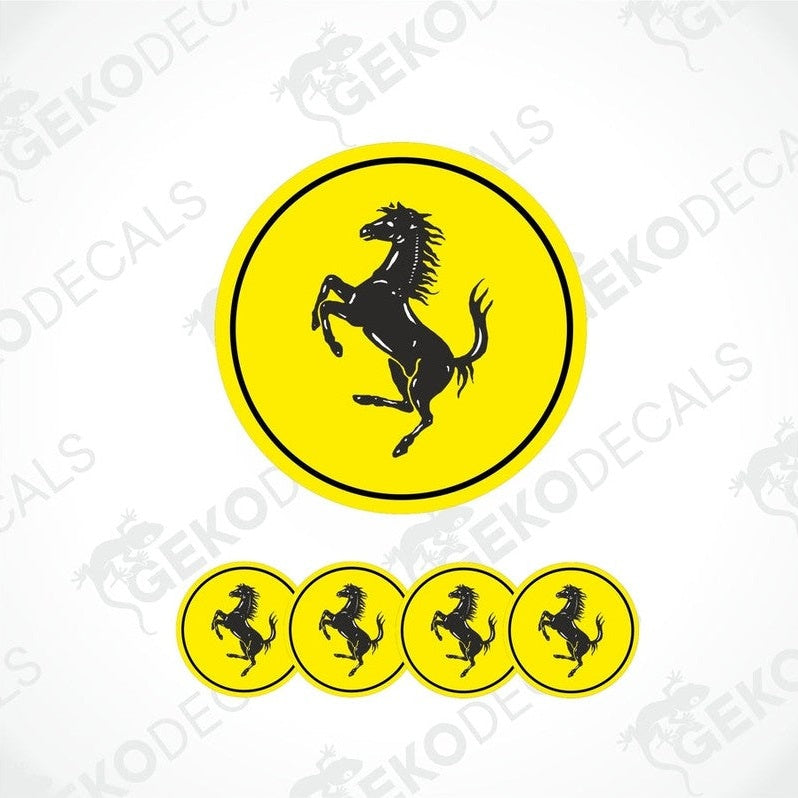 Set of yellow vinyl stickers with black Ferrari logo, four round stickers for car rims.