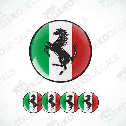 A set of four round vinyl stickers with a design of a black horse on a green, white, and red background, representing the Ferrari brand and Italy.