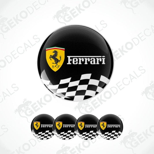 A set of four black vinyl stickers with the Ferrari racing logo and a checkered pattern.