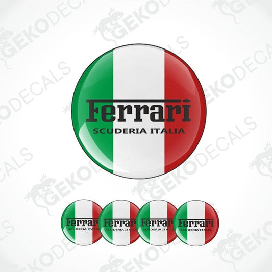 A set of four round vinyl stickers with a white, red, and green design featuring the text 'FERRARI' and 'Scuderia Italia'.