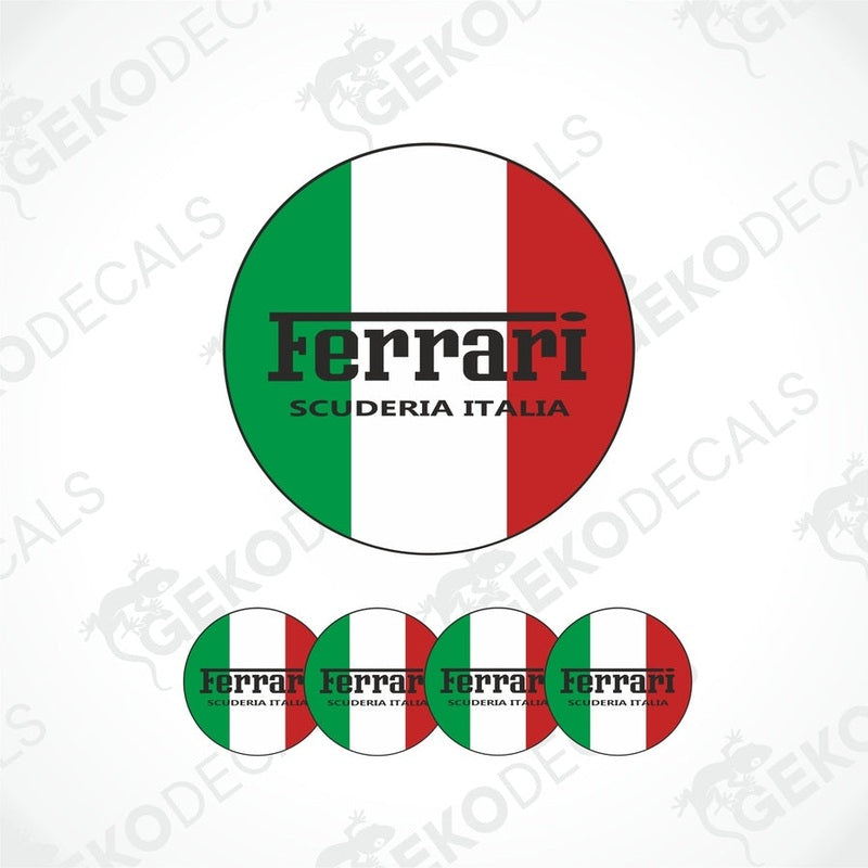 A set of four round vinyl stickers with a white, red, and green design featuring the text 'FERRARI' and 'Scuderia Italia'.