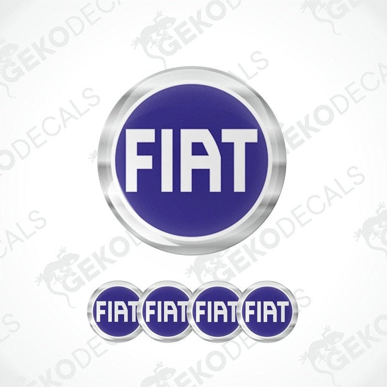 A set of four blue and silver FIAT branded vinyl stickers with a polyurethane coating.