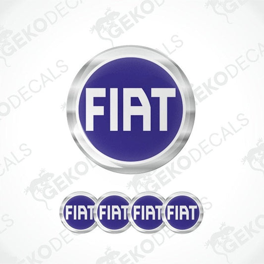 A set of four blue and silver FIAT branded vinyl stickers with a polyurethane coating.