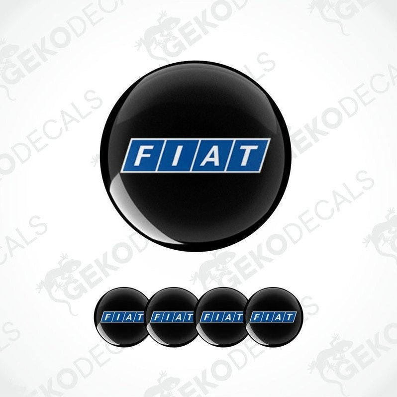 A set of four black and blue car wheel decals with the brand name 'FIAT' on them.