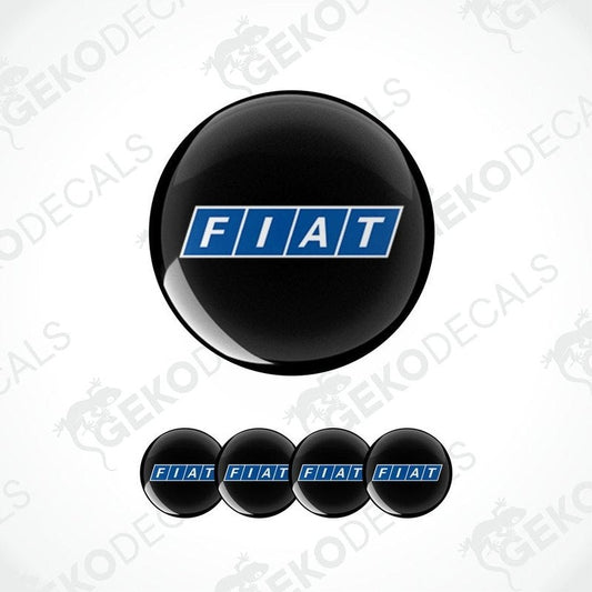 A set of four black and blue car wheel decals with the brand name 'FIAT' on them.