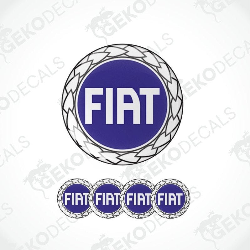A set of four blue and white FIAT branded vinyl stickers with a geometric pattern.