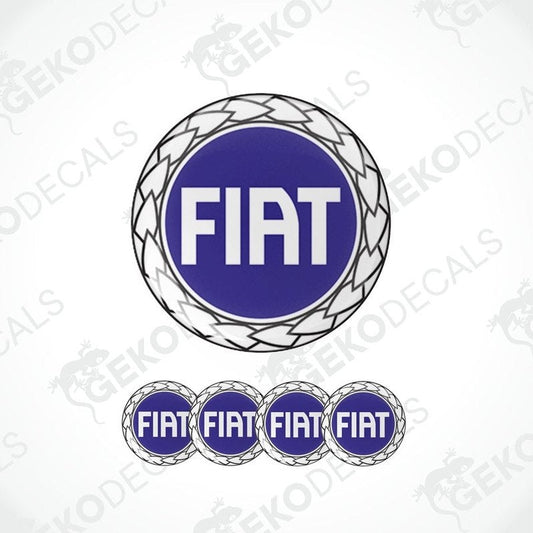 A set of four blue and white FIAT branded vinyl stickers with a geometric pattern.