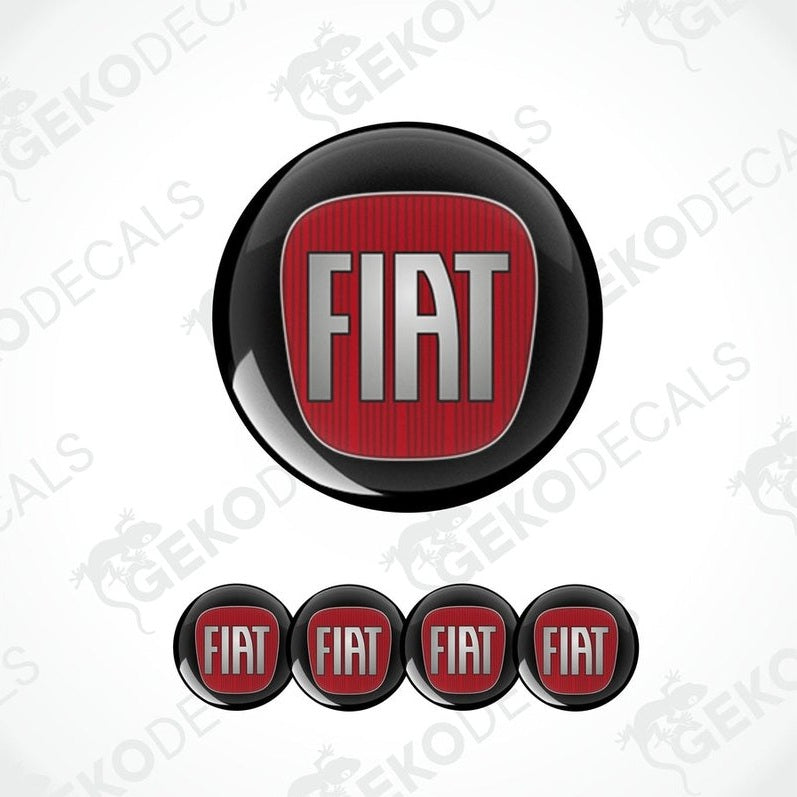 A set of four red and black FIAT branded vinyl decals with a polyurethane coating.