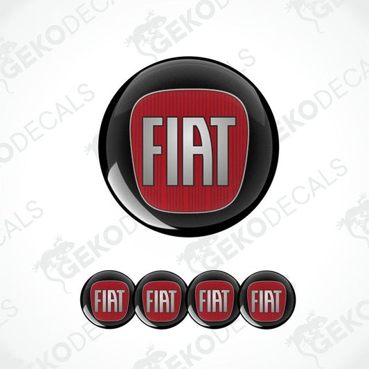 A set of four red and black FIAT branded vinyl decals with a polyurethane coating.