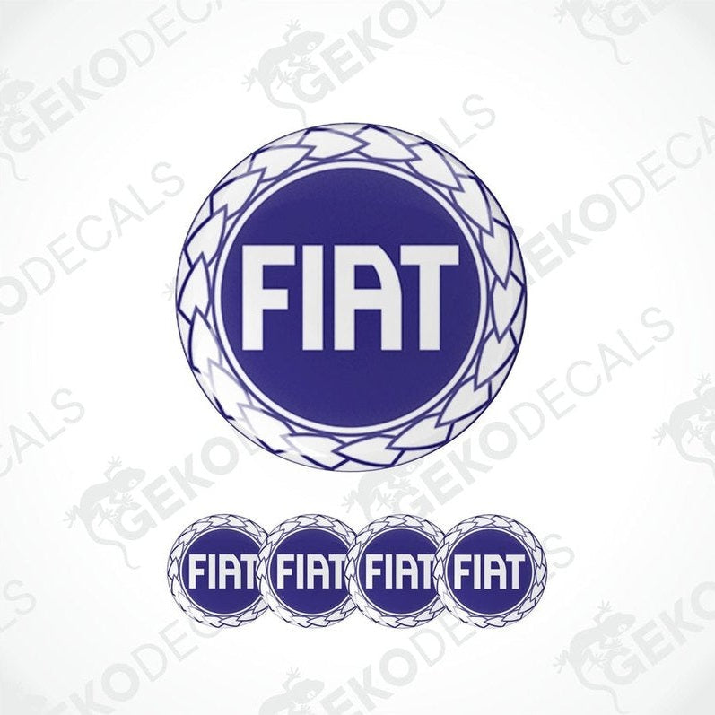A set of four blue vinyl decals with the Fiat logo, designed for use as car stickers.
