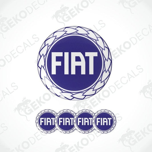 A set of four blue vinyl decals with the Fiat logo, designed for use as car stickers.