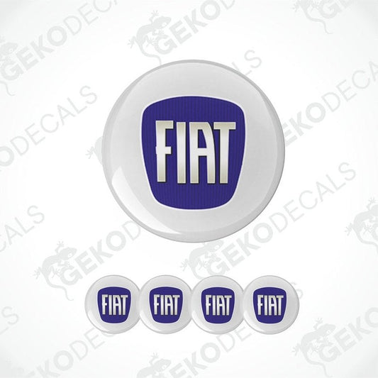 A set of four white vinyl stickers with the Fiat brand logo in blue and white.