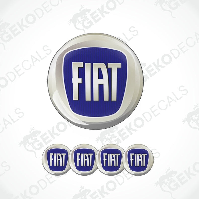 A set of four blue and white Fiat branded vinyl stickers with a polyurethane coating.