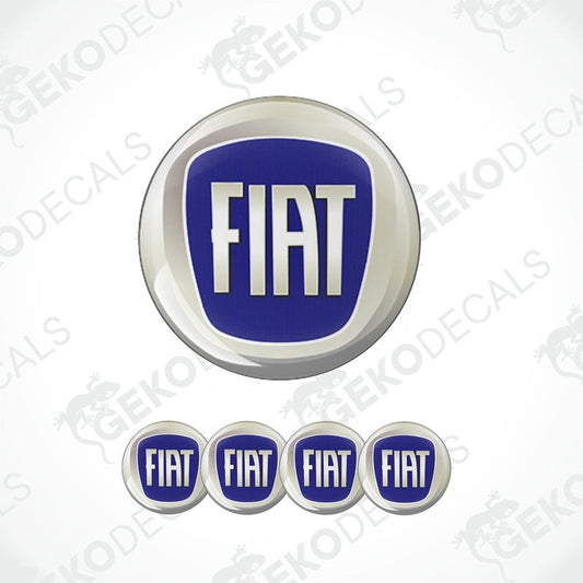 A set of four blue and white Fiat branded vinyl stickers with a polyurethane coating.
