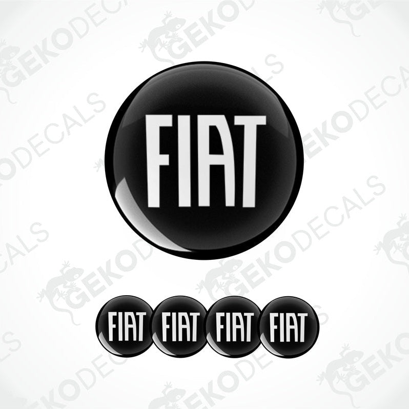 A set of four black vinyl stickers with the word 'FIAT' written in white.