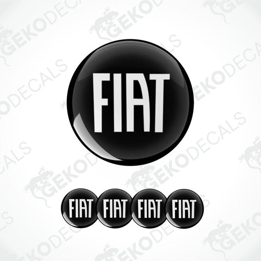 A set of four black vinyl stickers with the word 'FIAT' written in white.