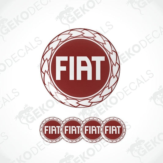 A set of four red vinyl decals with the Fiat logo, designed for use as car stickers.