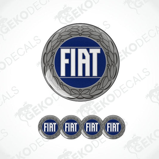 A set of four grey-colored vinyl stickers with the word 'FIAT' embossed in blue, displayed against a white background.