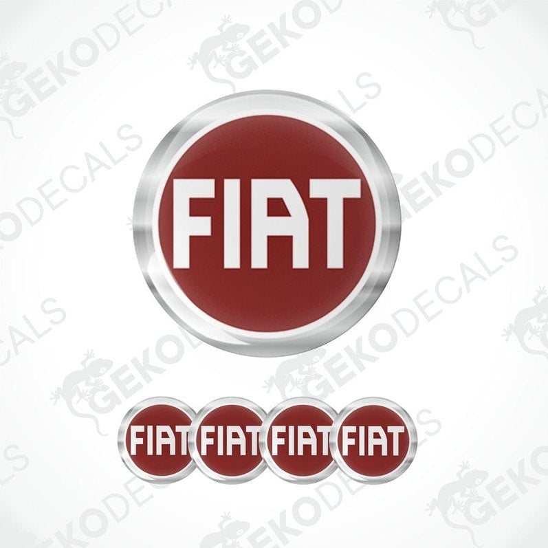 A set of four red and silver FIAT branded vinyl stickers with a polyurethane coating.