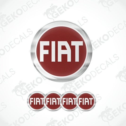 A set of four red and silver FIAT branded vinyl stickers with a polyurethane coating.