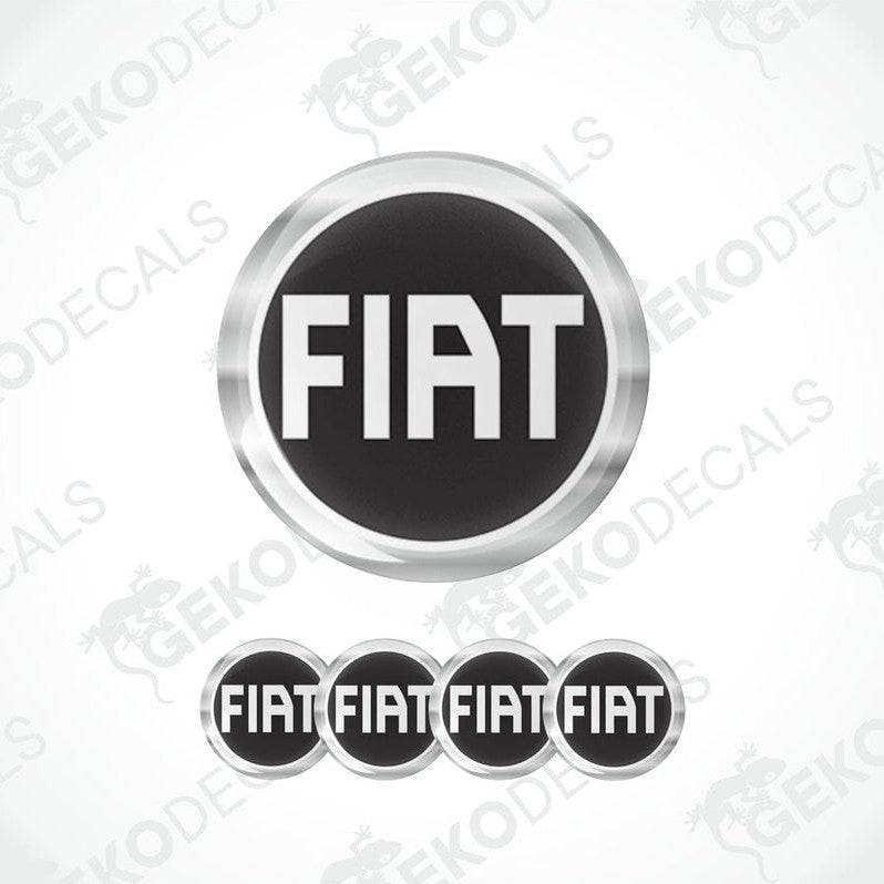 A set of four black and silver FIAT branded vinyl stickers with a polyurethane coating.