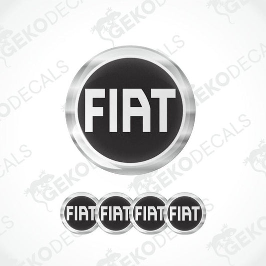 A set of four black and silver FIAT branded vinyl stickers with a polyurethane coating.