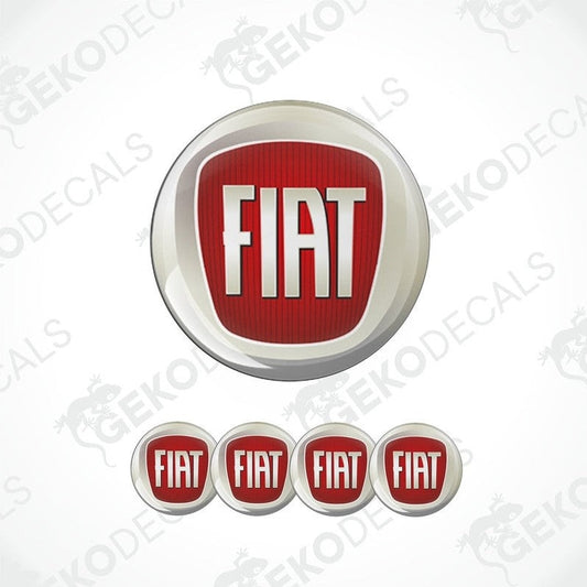 A set of four red and white Fiat car decals, with the brand's logo, designed for application on a vehicle's surface.