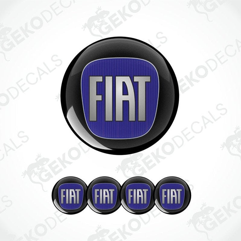 A set of four round car decals with the FIAT brand logo in blue on a black background.