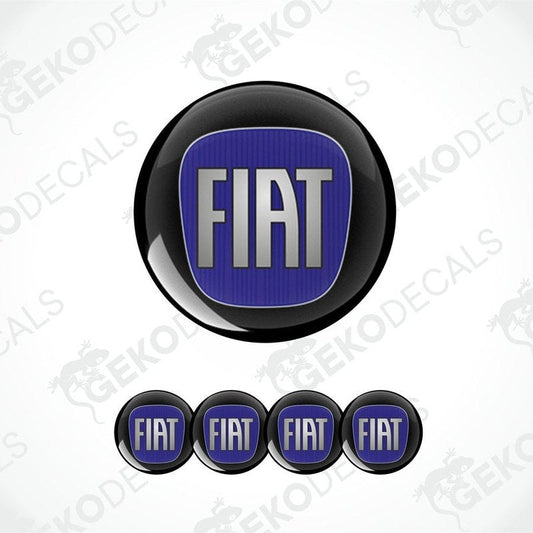 A set of four round car decals with the FIAT brand logo in blue on a black background.