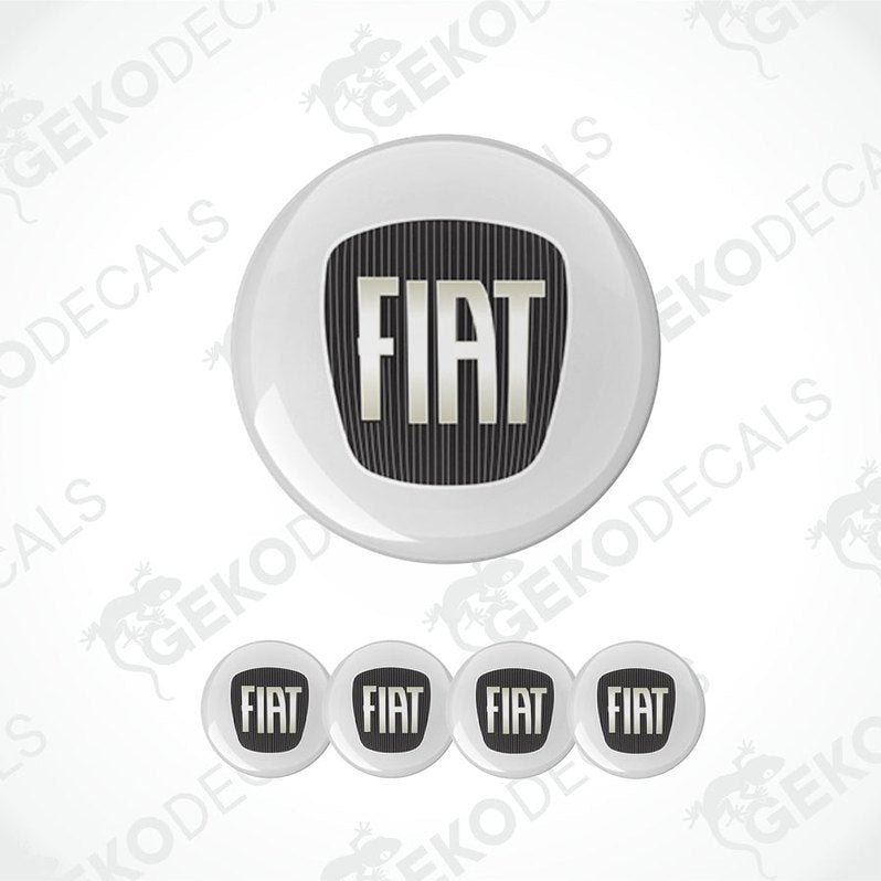 A set of four white vinyl stickers with the Fiat brand logo in black and white.