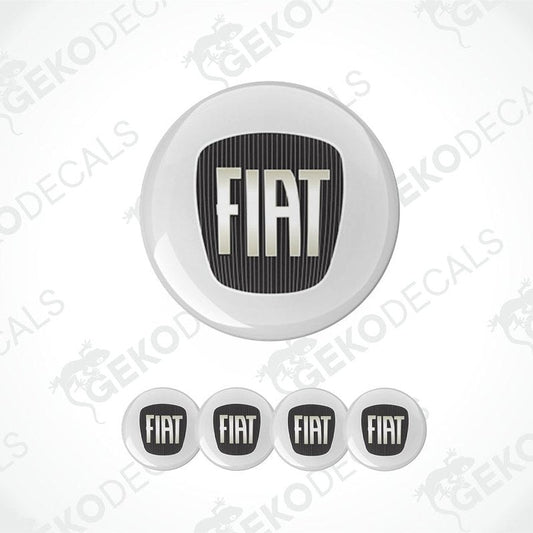 A set of four white vinyl stickers with the Fiat brand logo in black and white.
