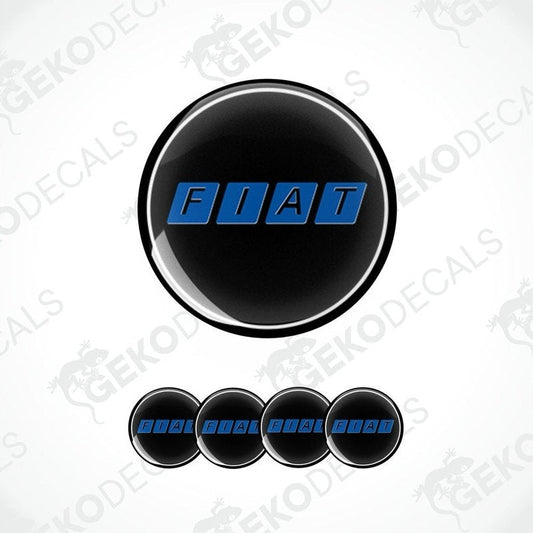 A set of four black and blue car wheel decals with the brand name 'FIAT' on them.