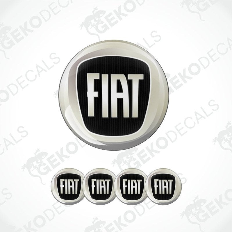 A set of four black and white Fiat branded vinyl stickers with a polyurethane coating.