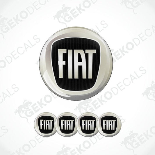 A set of four black and white Fiat branded vinyl stickers with a polyurethane coating.
