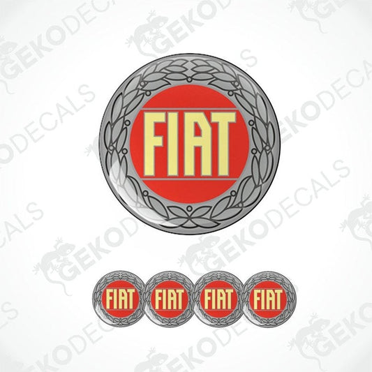 A set of four red, yellow, and silver FIAT branded vinyl stickers with a polyurethane coating.