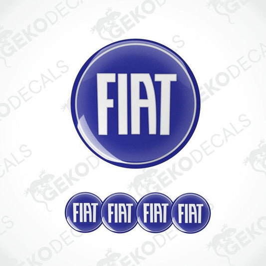 A set of four blue vinyl stickers with the word 'FIAT' written in white.