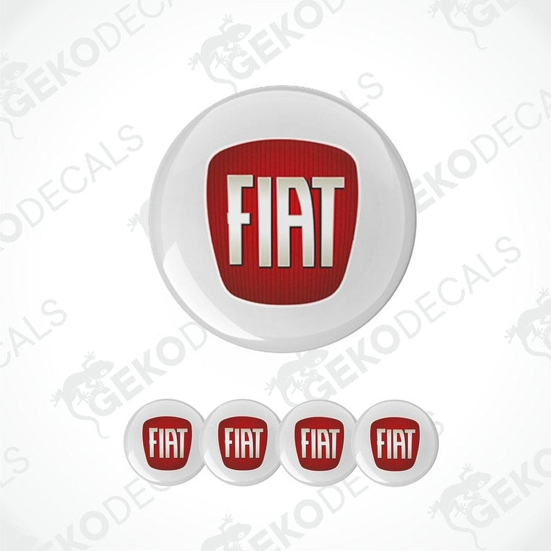 A set of four white vinyl stickers with the Fiat brand logo in red and black.