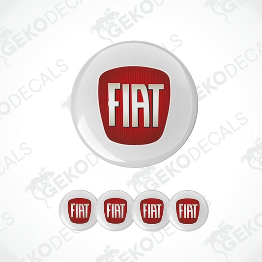 A set of four white vinyl stickers with the Fiat brand logo in red and black.