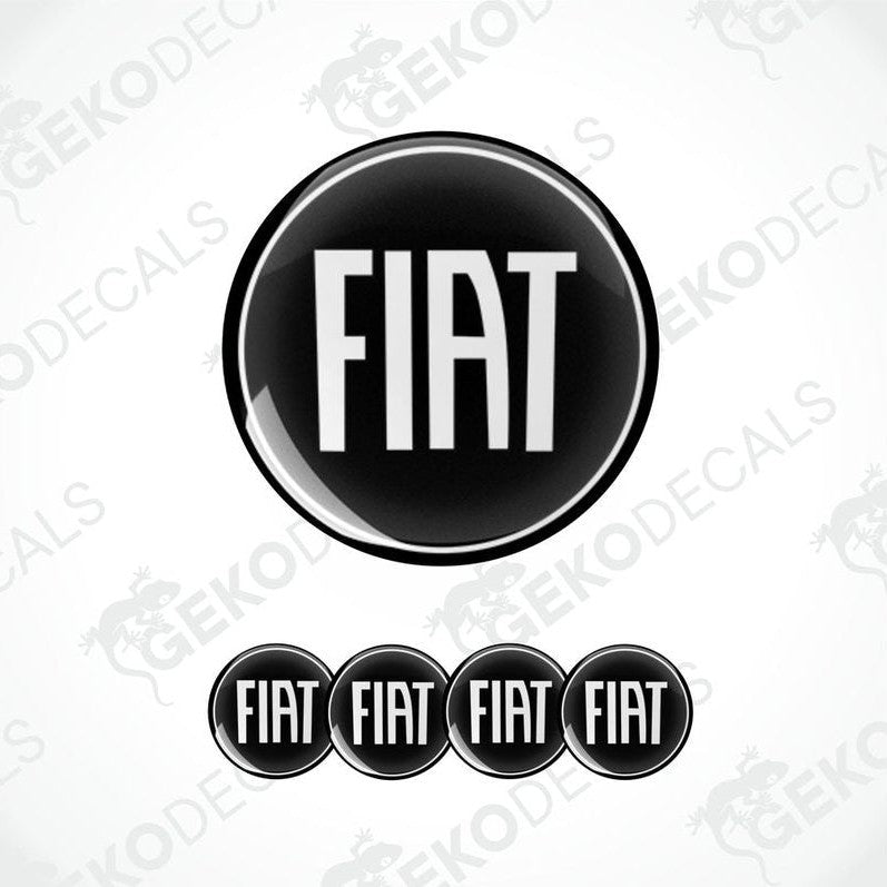 A set of four black vinyl stickers with the word 'FIAT' written in white.