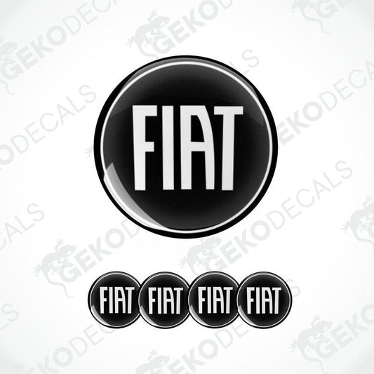 A set of four black vinyl stickers with the word 'FIAT' written in white.