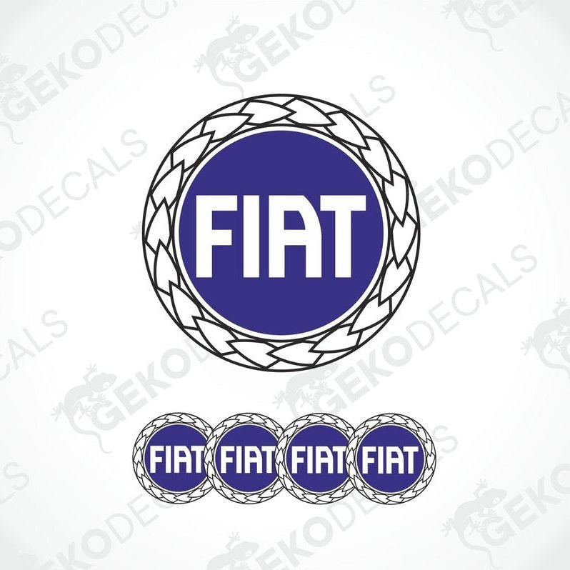 A set of four blue and white FIAT branded vinyl stickers with a geometric pattern.