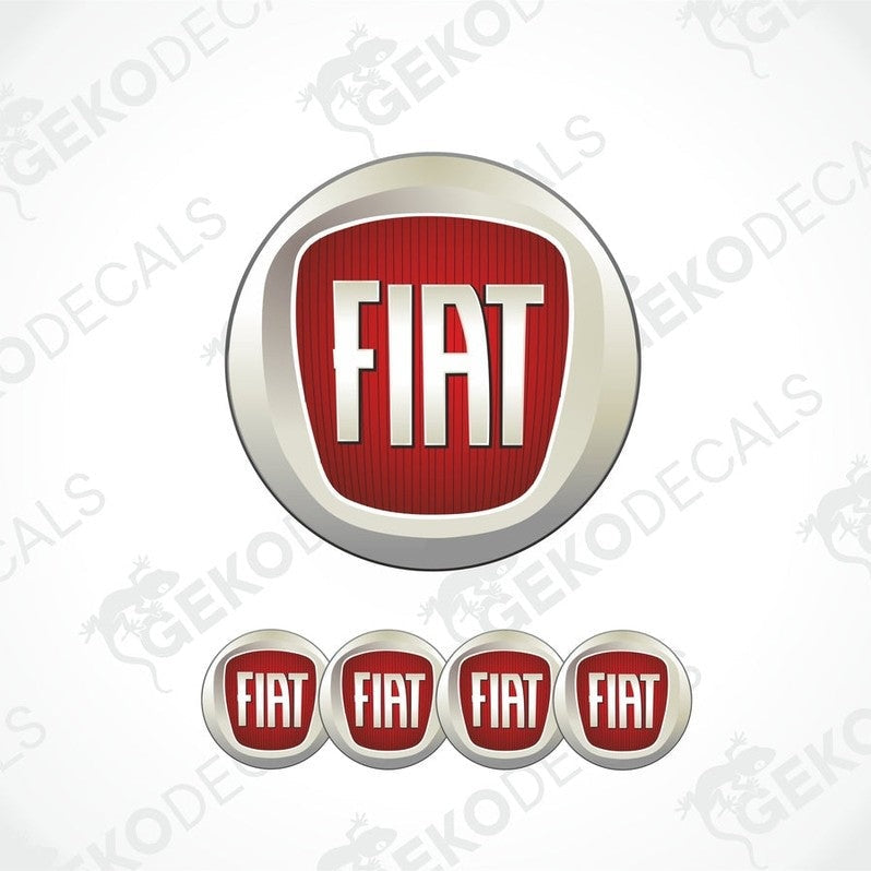 A set of four red and white Fiat car decals, with the brand's logo, designed for application on a vehicle's surface.