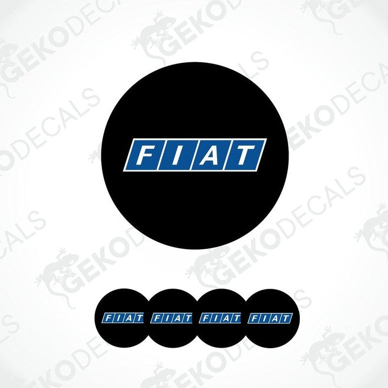 A set of four black and blue car wheel decals with the brand name 'FIAT' on them.