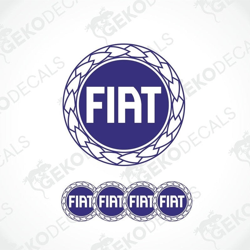 A set of four blue vinyl decals with the Fiat logo, designed for use as car stickers.