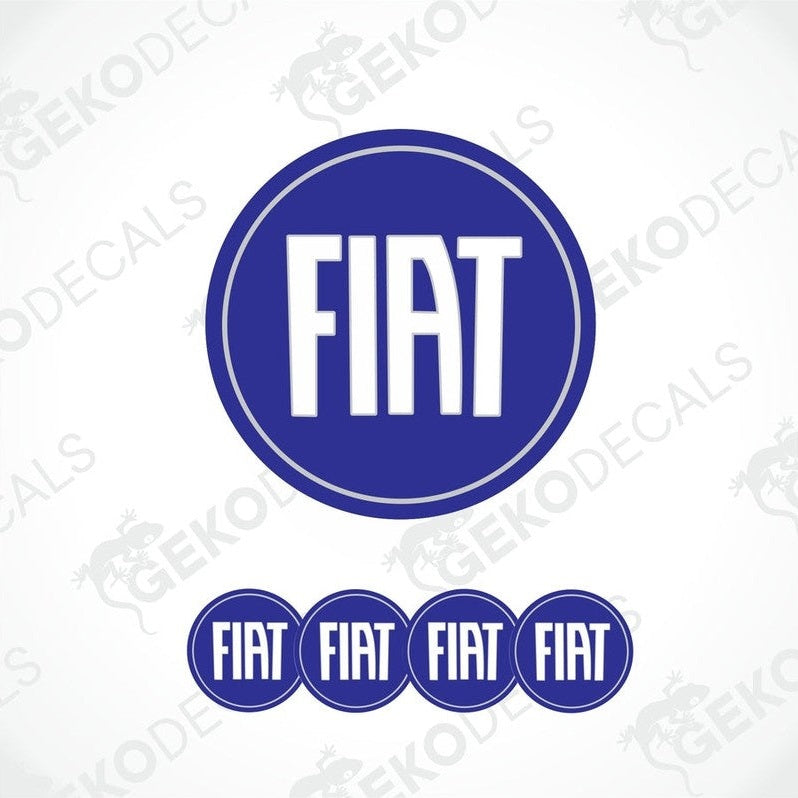 A set of four blue vinyl stickers with the word 'FIAT' written in white.