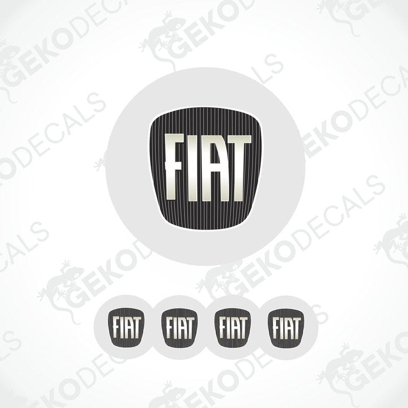 A set of four white vinyl stickers with the Fiat brand logo in black and white.