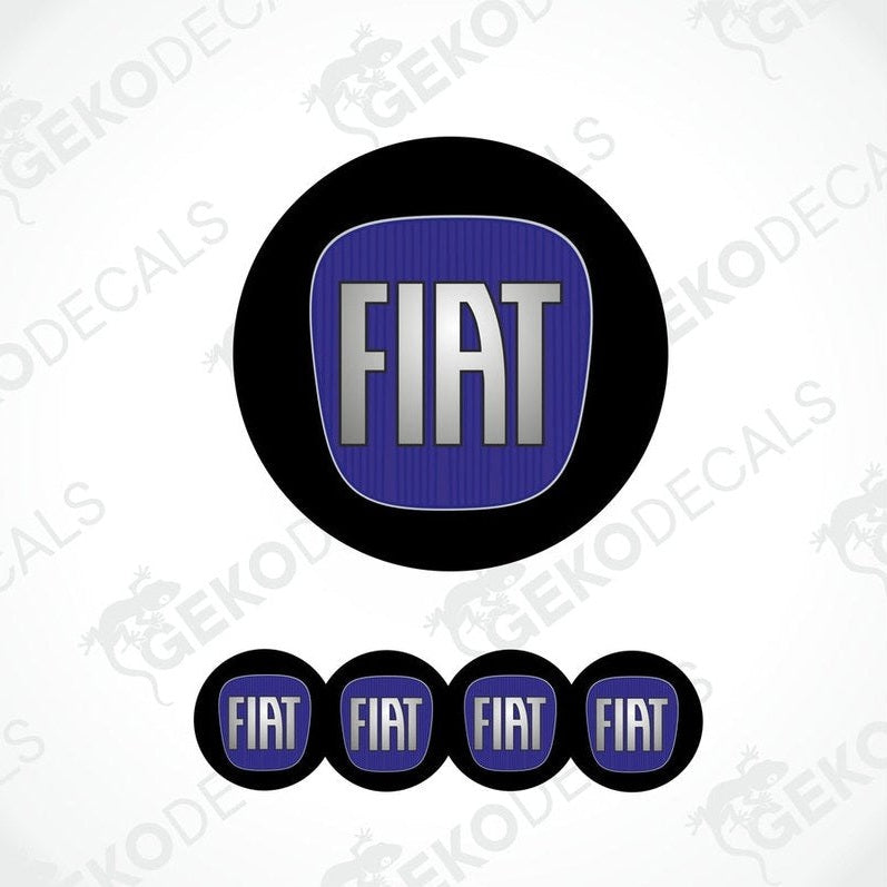 A set of four round car decals with the FIAT brand logo in blue on a black background.