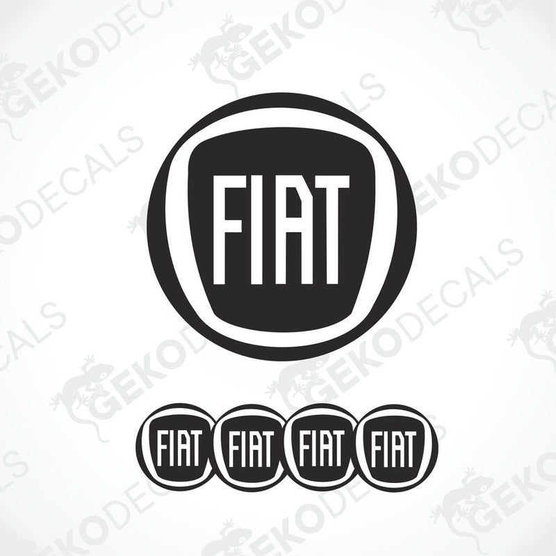 A set of black and white vinyl decals with the Fiat brand logo, including four domed stickers with the Fiat text on them.