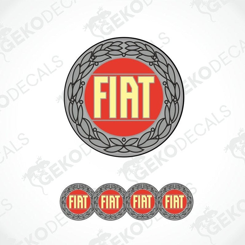 A set of four red, yellow, and silver FIAT branded vinyl stickers with a polyurethane coating.