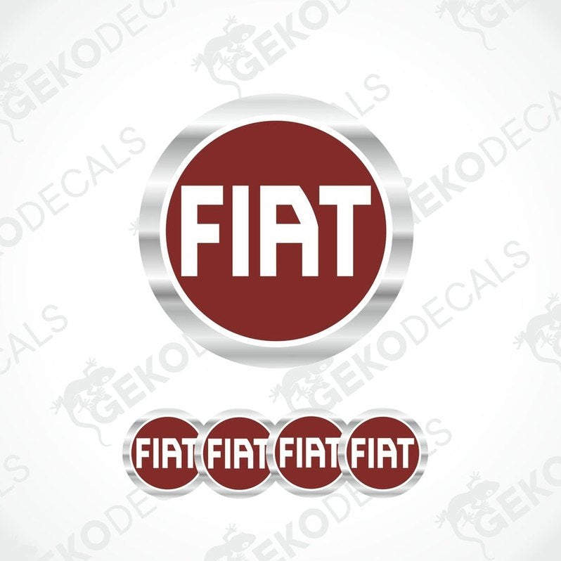 A set of four red and silver FIAT branded vinyl stickers with a polyurethane coating.